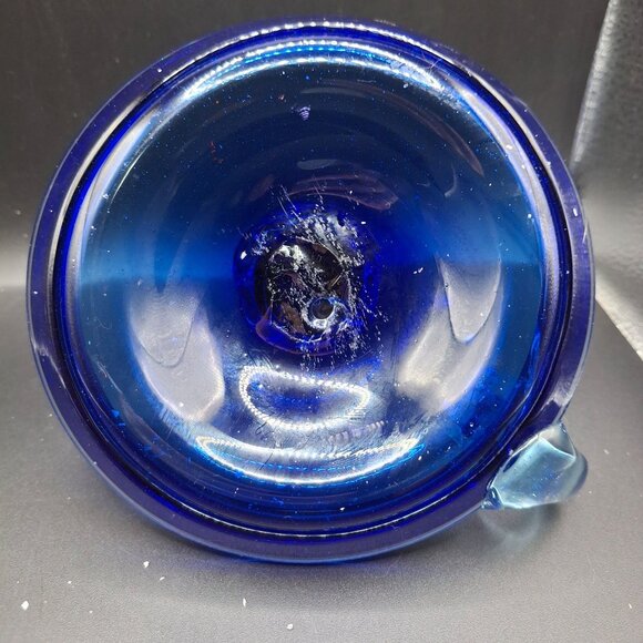 Blue Glass Artisan Candlestick  Whimsical Curved Handle Vintage Handblown Decor - Picture 8 of 8